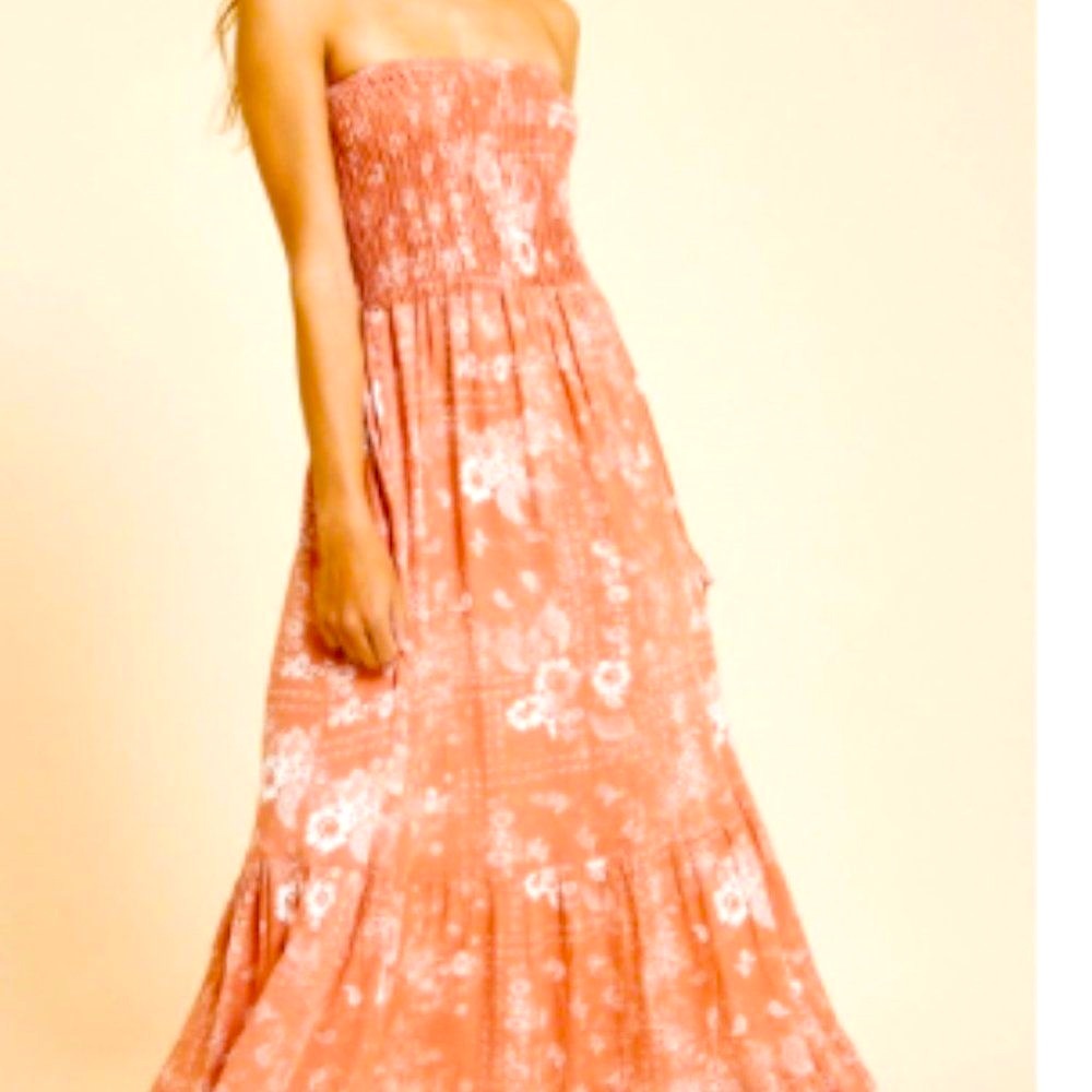 Coral Pink-ish brown and White Strapless Maxi Dress
